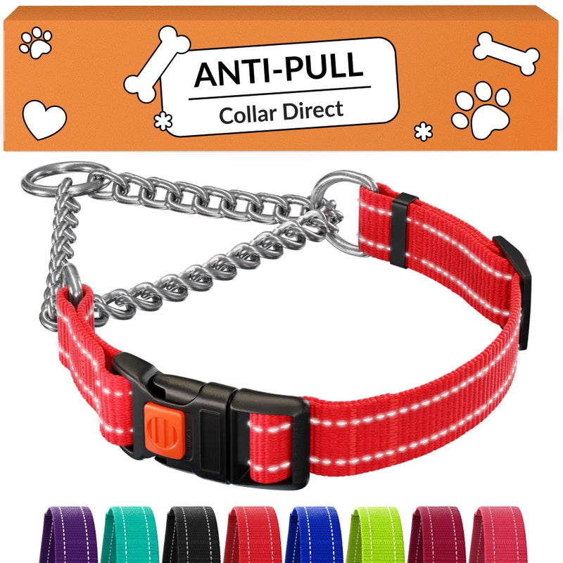 CollarDirect Martingale Dog Collar with Stainless Steel Chain and Quick Release Buckle - Reflective Collar for Large, Medium, Small Dogs - Red, Small (Neck Size 12"-15") - Image 1
